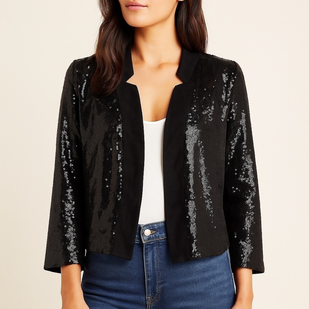 Anthropologie Black Sequin Faux Suede Moto Blazer Jacket NWT S Open Front Party